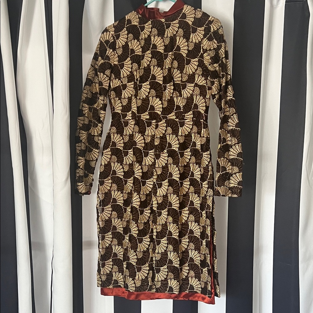 French Vintage Gold and Brown Metallic Brocade Dress Size Small